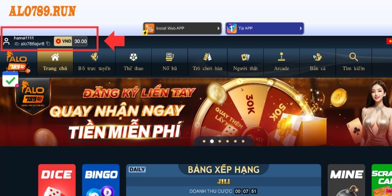 Giao diện của trang chủ khi đăng ký Alo789 thành công
