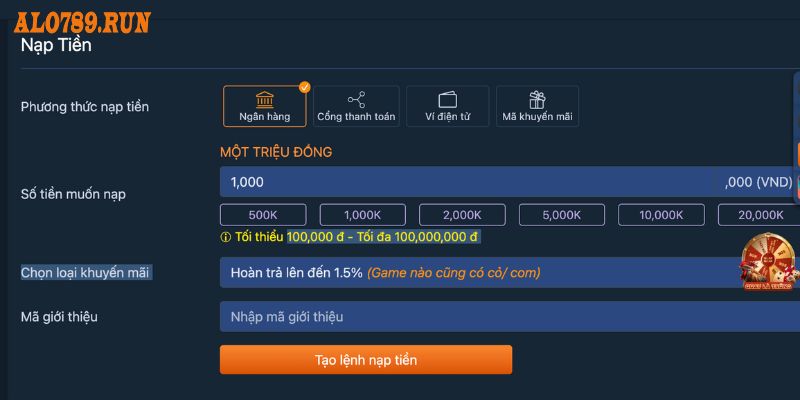 Nạp tiền vào tài khoản qua ngân hàng