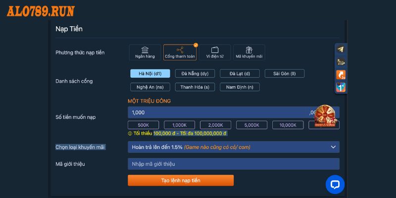 Hướng dẫn nạp tiền Alo789 qua cổng thành toán