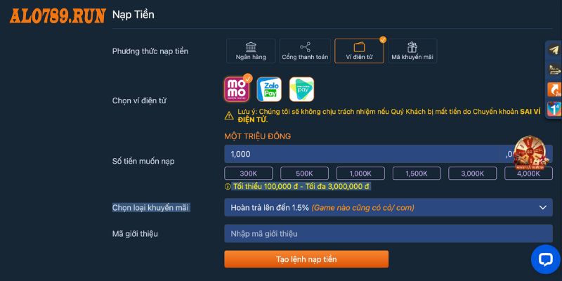 Hướng dẫn cách thức nạp tiền Alo789 qua ví điện tử