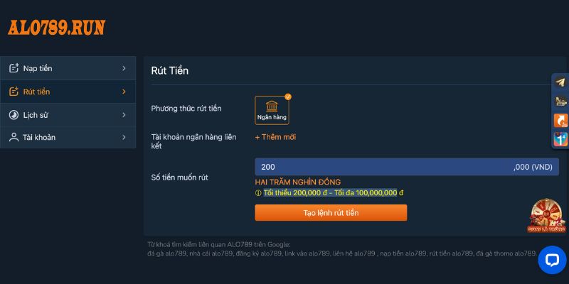 Tạo lệnh rút tiền Alo789